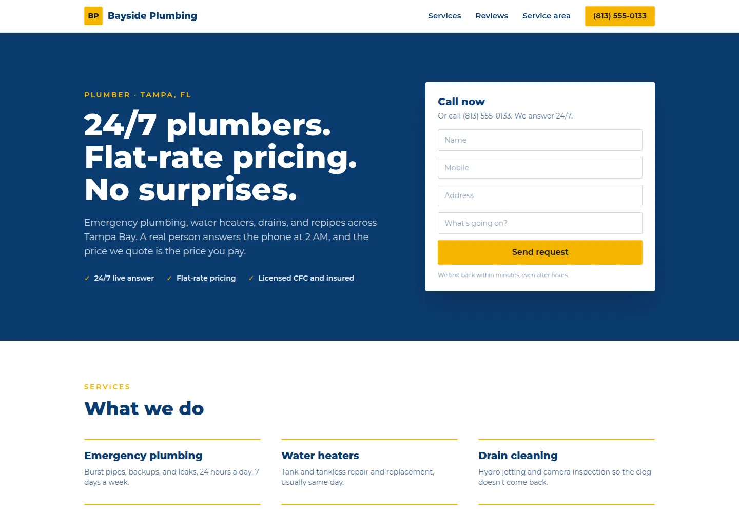 Bayside Plumbing website, desktop